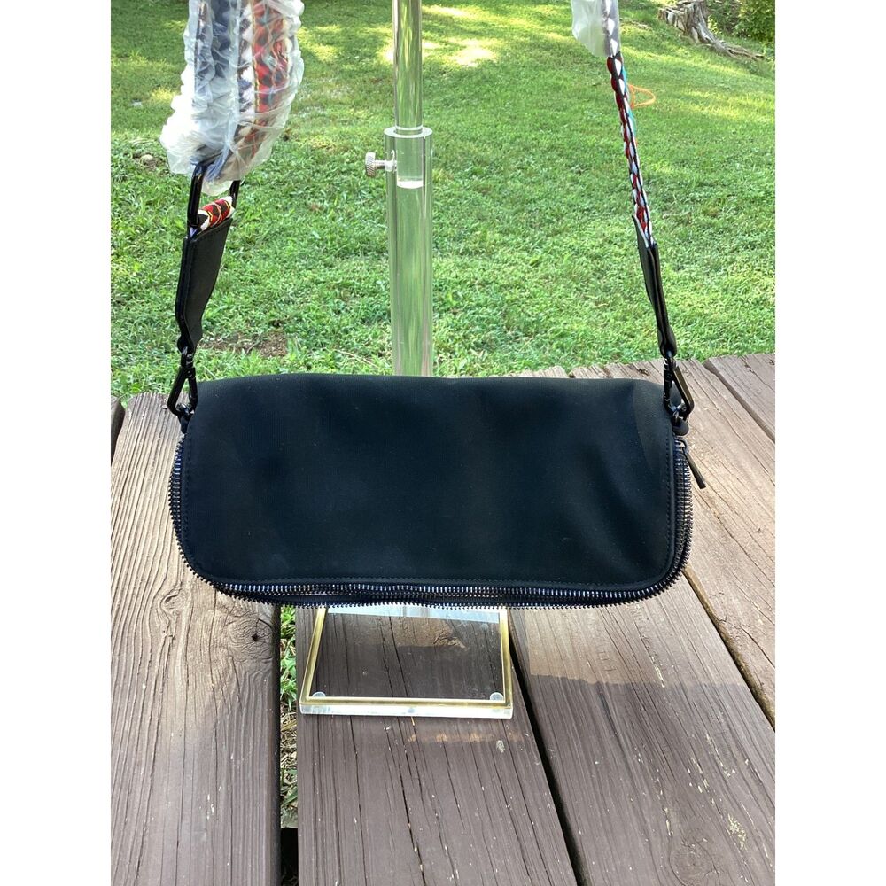 Black Nylon Crossbody Bag with Patterned Strap and Unique‎ Photo Print Lining
